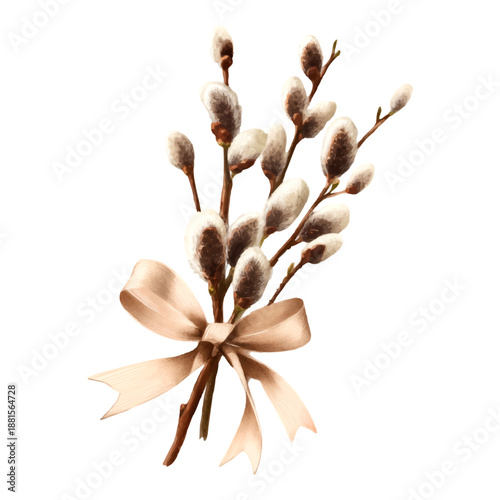 Pussy willow branches tied with a delicate beige ribbon bow, symbolizing spring, renewal, and easter celebrations, creating a gentle floral decoration