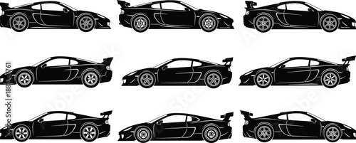 Collection of black sports car silhouettes featuring sleek modern supercars with spoilers in side view isolated on white background vector.