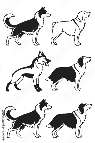 Detailed depictions of various dog breeds in contrasting black and white styles a striking silhouette