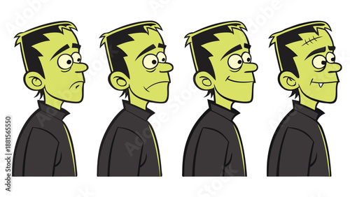 Four cartoon depictions of frankenstein s monster showing different expressions in a linear progression silhouette