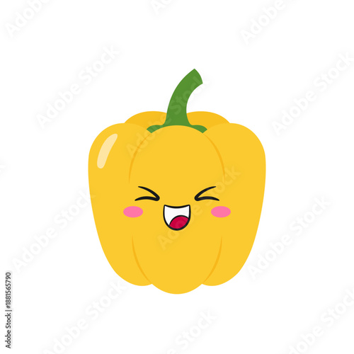 Bild auf Leinwand Smiling yellow bell pepper, cute and fun vegetable, sweet pepper cartoon character, big eyes, emotions joy delight, happy face, kawaii style, vector children's illustration