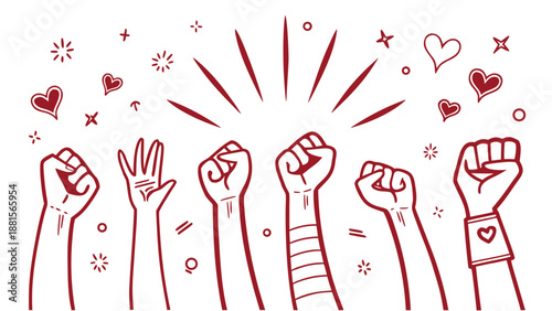 raised fists with hearts and stars in red silhouette high quality professional detailed modern elegant stylish