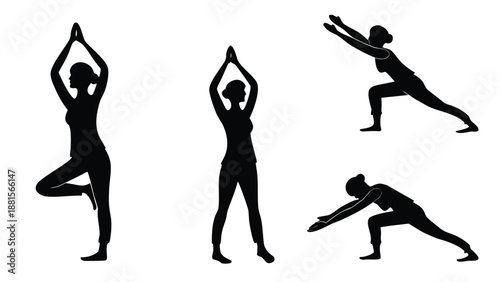 Three black figures demonstrating different yoga poses with arms raised and legs extended a striking silhouette