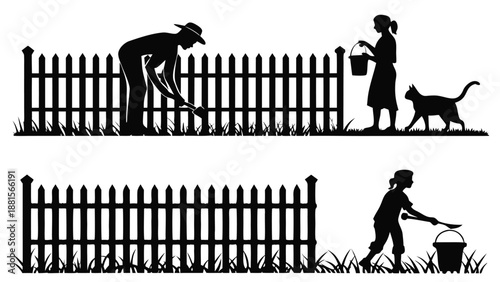 A peaceful garden scene depicts a gardener a woman and a cat by a picket fence silhouette