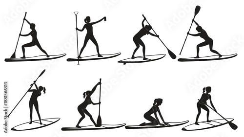Black and white illustration depicting paddleboarding figures in various poses showcasing dynamic movement silhouette high quality