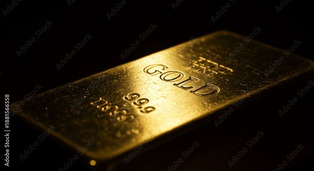 Fototapeta premium Shiny gold bar with inscription, luxury and wealth concept, dark background