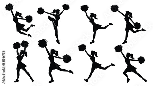 Dynamic cheerleaders in various poses and formations exhibiting energy and athleticism presented as a silhouette