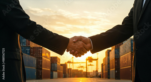 Business partners shake hands at a shipping yard during sunset with containers in the background