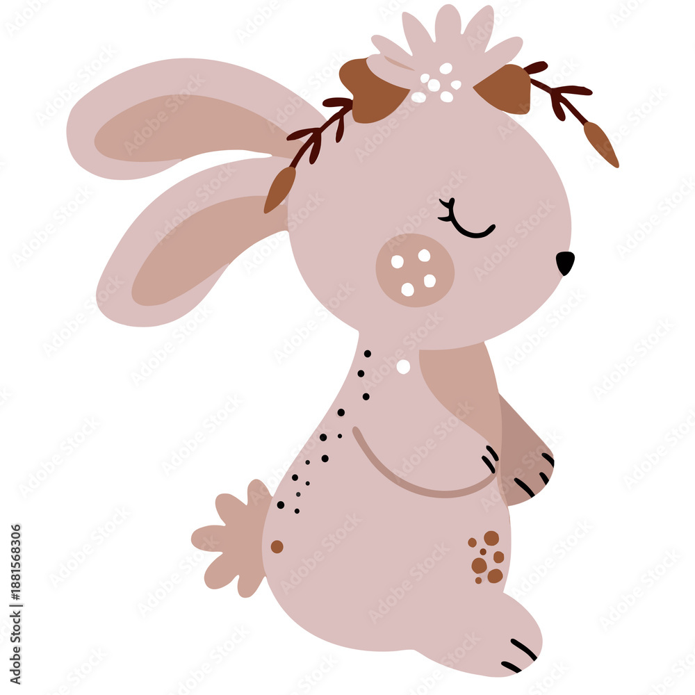Fototapeta premium Watercolor illustration of a cute boho bunny sitting sideways with floral wreath, isolated on white background. Adorable nursery animal character