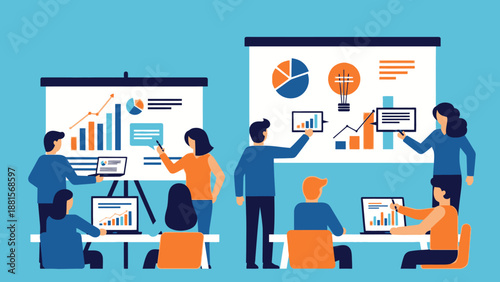 Team Discussing Data on Presentation Screens.