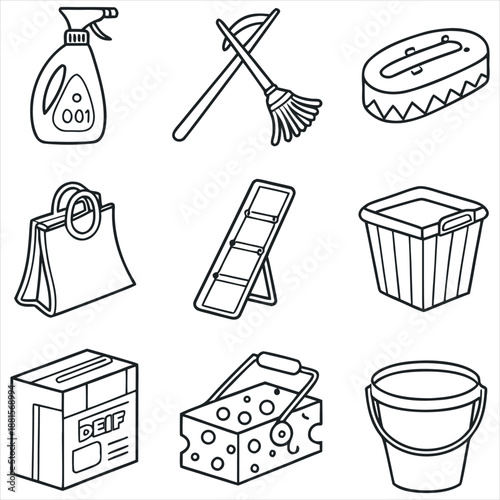 Household Cleaning and Storage Line Icons Set Black and White,
