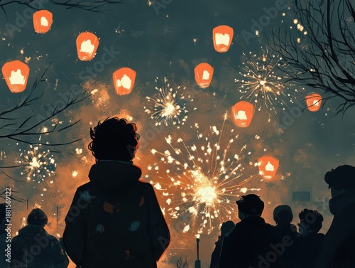 People watch lanterns float up as fireworks explode in the night sky.