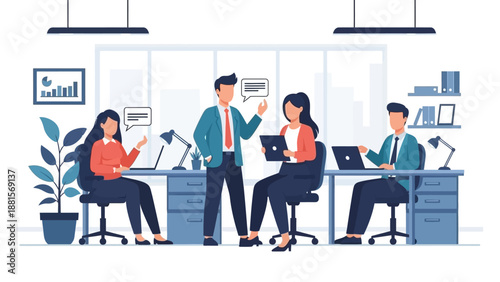 Office Workers Collaborating at Desks with Computers.