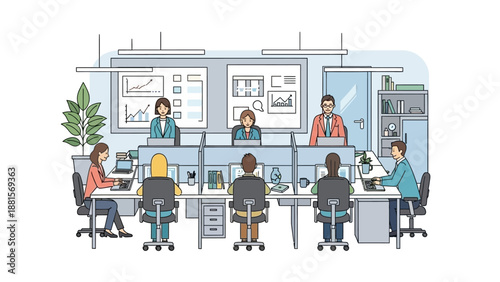 Office Workers at Workstations in Modern Office.