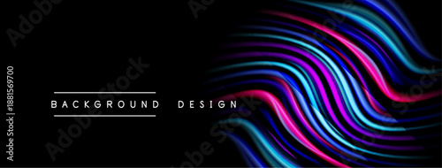 Abstract flowing lines create vibrant waves. Dark background emphasizes colorful design elements. Text reads background design.