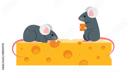 Cute mice enjoying a giant block of cheese vector illustration, adorable cartoon animals in a fun scene