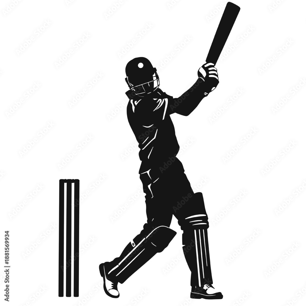 Naklejka premium Cricket batsman silhouette playing an aggressive batting shot near stumps isolated on white background representing sport action power and competition.