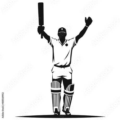 Cricket batsman silhouette celebrating with raised bat and arms open isolated on white background representing victory success achievement and sportsmanship.