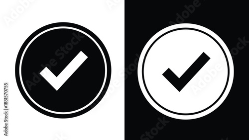 Black and white circular check mark on contrasting backgrounds symbol success
