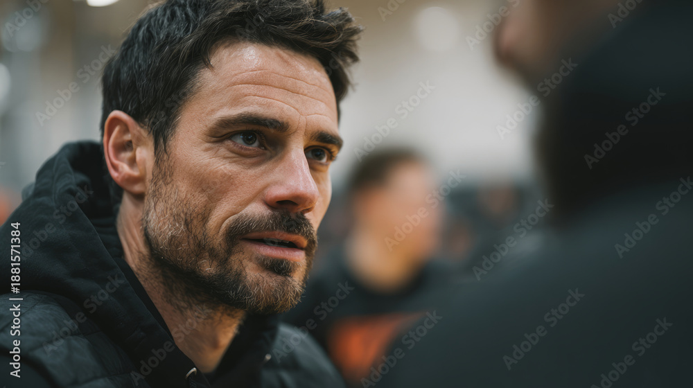 Fototapeta premium Close-up portrait of a thoughtful man with stubble, looking off to the side with intensity