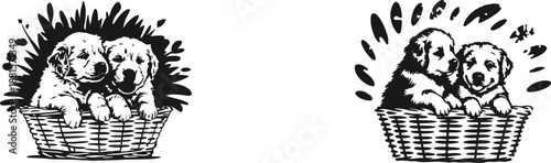 Adorable golden retriever puppies sit together in a woven basket surrounded by playful splashes of foliage