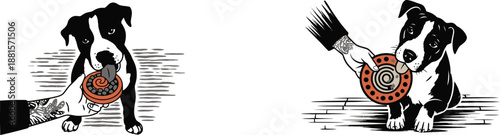 Black and white illustration of a dog observing a human hand presenting a unique spiral object