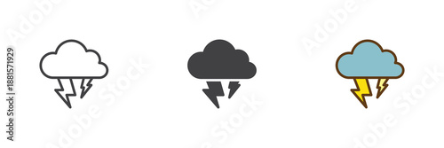 Heavy thunderstorm icon set in line, solid and filled outline colorful style. Rain cloud lightning icon, color vector sign and symbol. Weather icon pack.