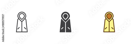 Raincoat icon set in line, solid and filled outline colorful style. Autumn waterproof coat icon, color vector sign and symbol. Clothing icon pack.