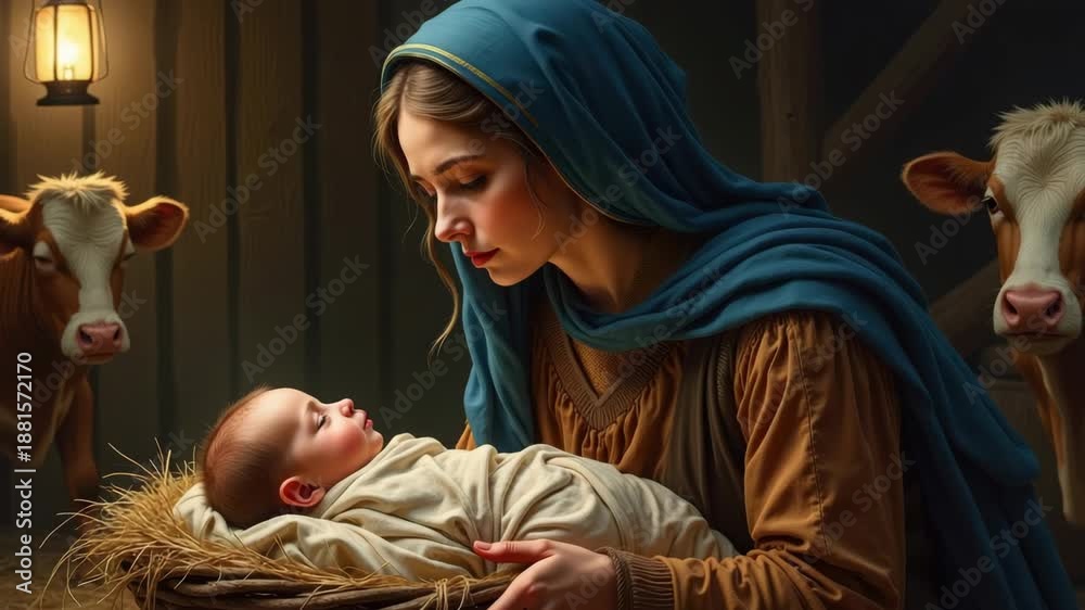 Video „The Virgin Mary holding the newborn baby Jesus in a manger. A ...