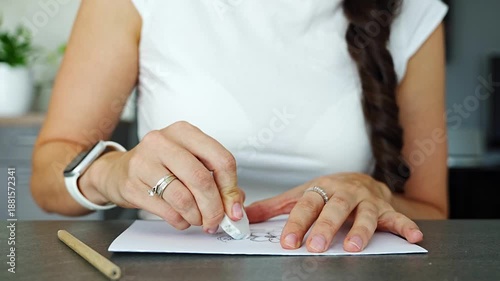 Close up of woman hands erasing pencil doodles with eraser on paper in home office. Editing process, revision habit and mental reset during everyday work routine in real life workspace