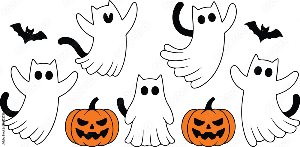 Obraz premium Cute Ghost Cat Outline Icon Set Halloween Cats with Pumpkins