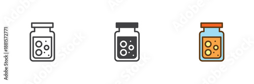 Conserve jar icon set in line, solid and filled outline colorful style. Homemade preserves icon, color vector sign and symbol.