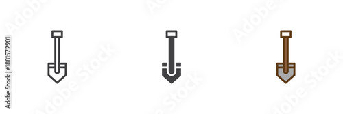Short shovel icon set in line, solid and filled outline colorful style. Garden shovel icon, color vector sign and symbol.