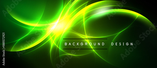 Bright green, yellow abstract lines create dynamic energy. Dark background emphasizes glowing curves, modern design element.