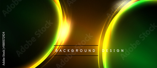 Abstract background features glowing curves, gradients. Dark areas contrast bright yellow, green, orange hues. Text reads background design.