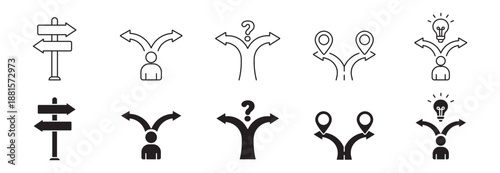 Decision Making Icon Set. Choice Direction Icons. Crossroads, Roadmap, Question Mark, Location Pins & Idea Bulb. Vector Illustration.