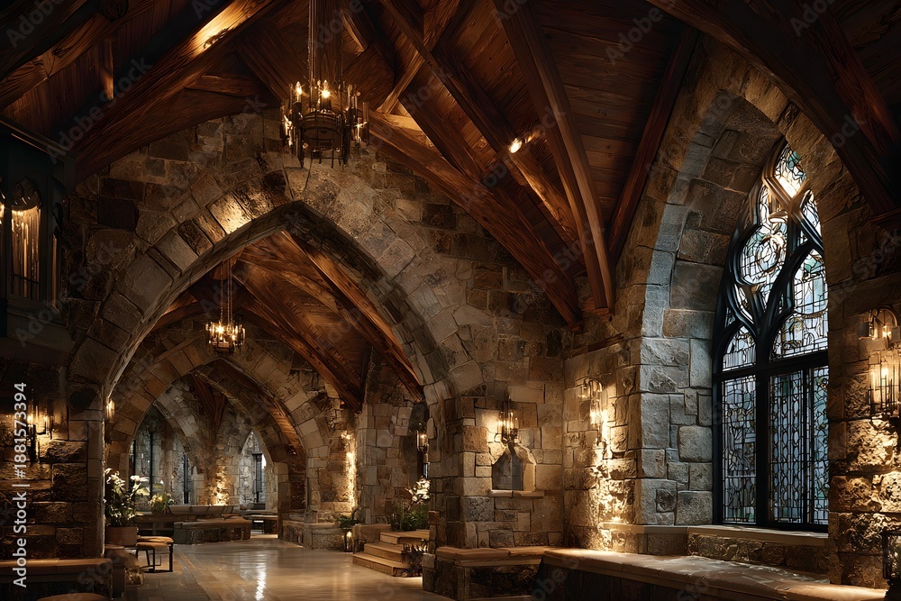 Obraz premium apse interior vaulted stone ceiling and stained glass glow like a jeweled crown