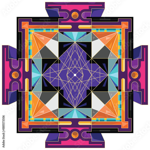 Abstract Sri yantra. Symbol of Hindu tantra formed by interlocking triangles that radiate out from the central point. Sacred geometry. Yoga meditation poster. Vector illustration of mystical diagram