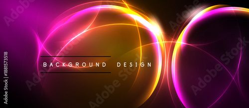 Abstract neon lights create vibrant circular shapes. Orange, pink, yellow hues blend against dark backdrop. Modern design element.