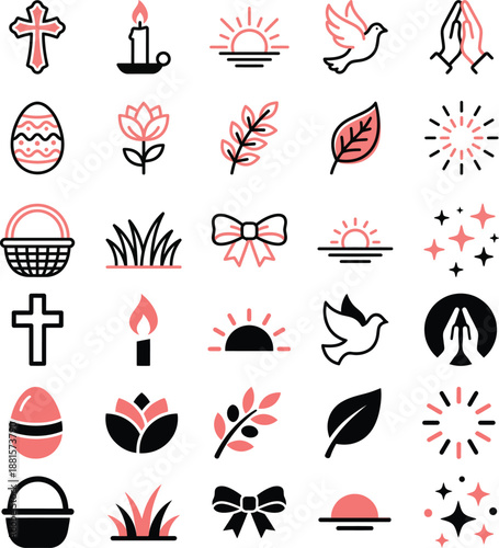 Easter and Religious Icon Set with Crosses Eggs and Doves.