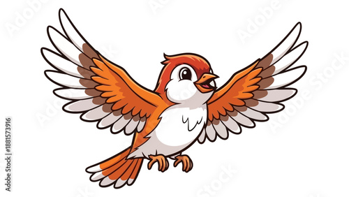 A cartoon illustration of a small, cheerful bird with its wings spread wide, as if in mid-flight.
