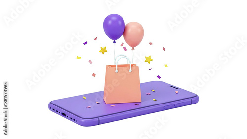 Online shopping celebration with balloons and confetti on smartphone