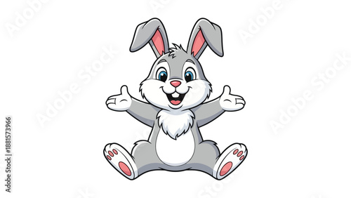 A cute cartoon illustration of a happy gray bunny rabbit with its arms open wide.