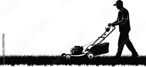 Black silhouette of a man wearing a cap pushing a lawn mower to cut grass for garden maintenance on white