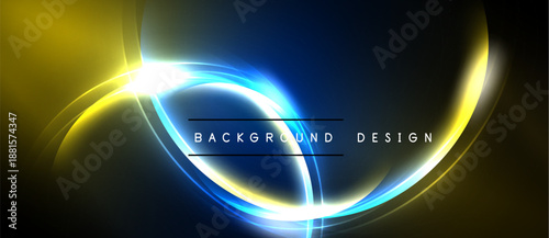Abstract design features vibrant curves, glowing lines. Dark background contrasts bright yellow, blue elements. Modern aesthetic.
