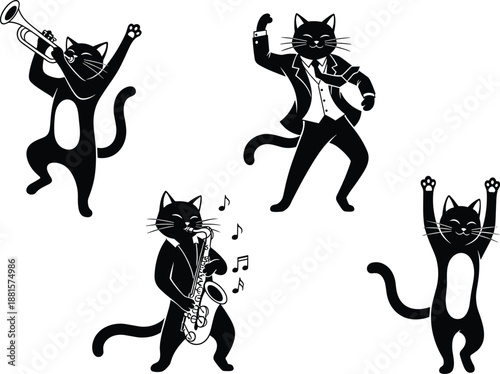 Funny black cat silhouette set playing jazz instruments like saxophone and trumpet, dancing in suits, vector illustration collection for design.