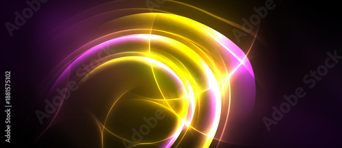 Bright abstract swirls, yellow, purple hues dominate. Dynamic energy radiates from central point, dark background contrasts vividly.