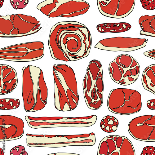 Vector seamless pattern with hand drawn slices of cured meats. Beautiful food design elements, perfect for prints and patterns