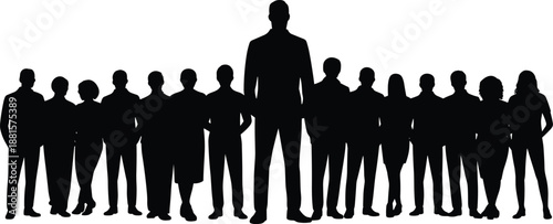 Business leader silhouette standing front of team, corporate leadership teamwork diversity professional workforce concept illustration