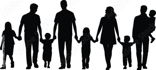 Happy family silhouette walking together, parents and children bonding, love unity parenting lifestyle illustration concept
